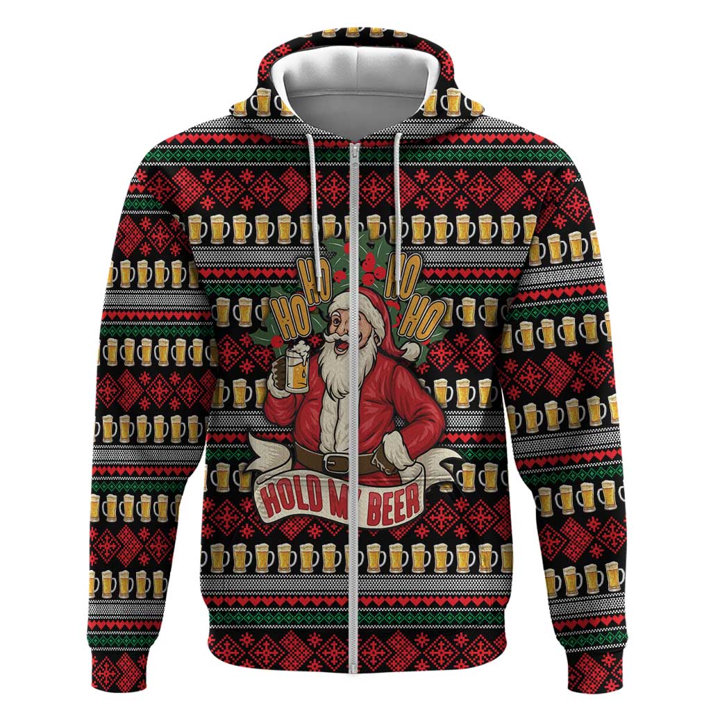 Santa Hold My Beer Christmas Zip Hoodie with Beer Mugs and Holiday Pattern - Wonder Print Shop