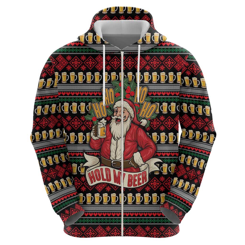 Santa Hold My Beer Christmas Zip Hoodie with Beer Mugs and Holiday Pattern - Wonder Print Shop