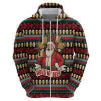 Santa Hold My Beer Christmas Zip Hoodie with Beer Mugs and Holiday Pattern - Wonder Print Shop