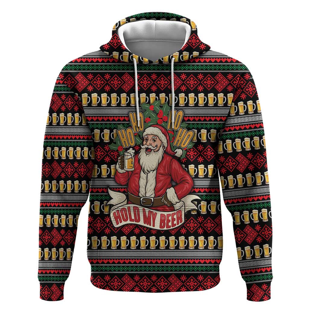 Santa Hold My Beer Christmas Zip Hoodie with Beer Mugs and Holiday Pattern - Wonder Print Shop