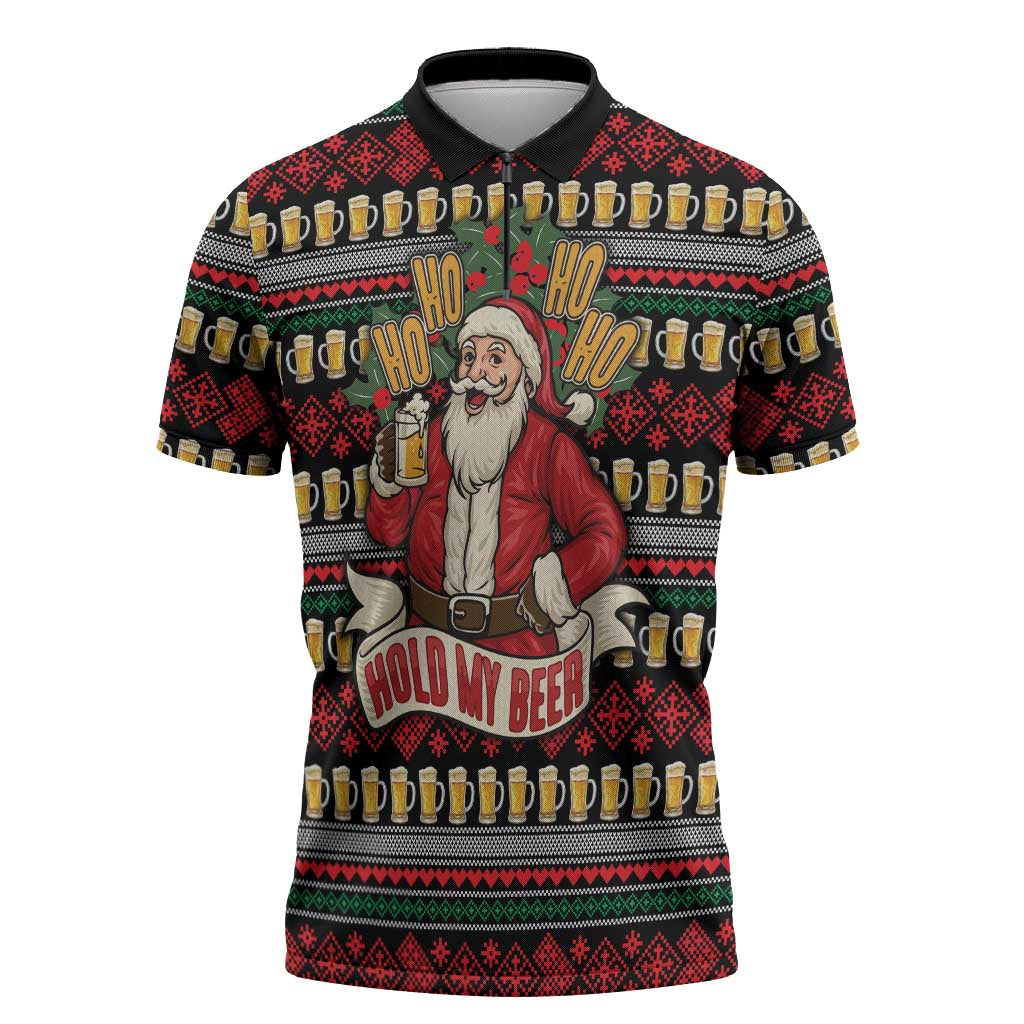 Santa Hold My Beer Christmas Zipper Polo Shirt with Beer Mugs and Holiday Pattern - Wonder Print Shop