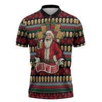 Santa Hold My Beer Christmas Zipper Polo Shirt with Beer Mugs and Holiday Pattern - Wonder Print Shop