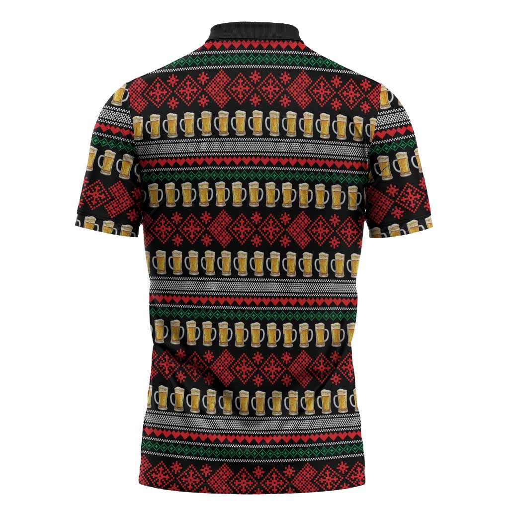 Santa Hold My Beer Christmas Zipper Polo Shirt with Beer Mugs and Holiday Pattern - Wonder Print Shop