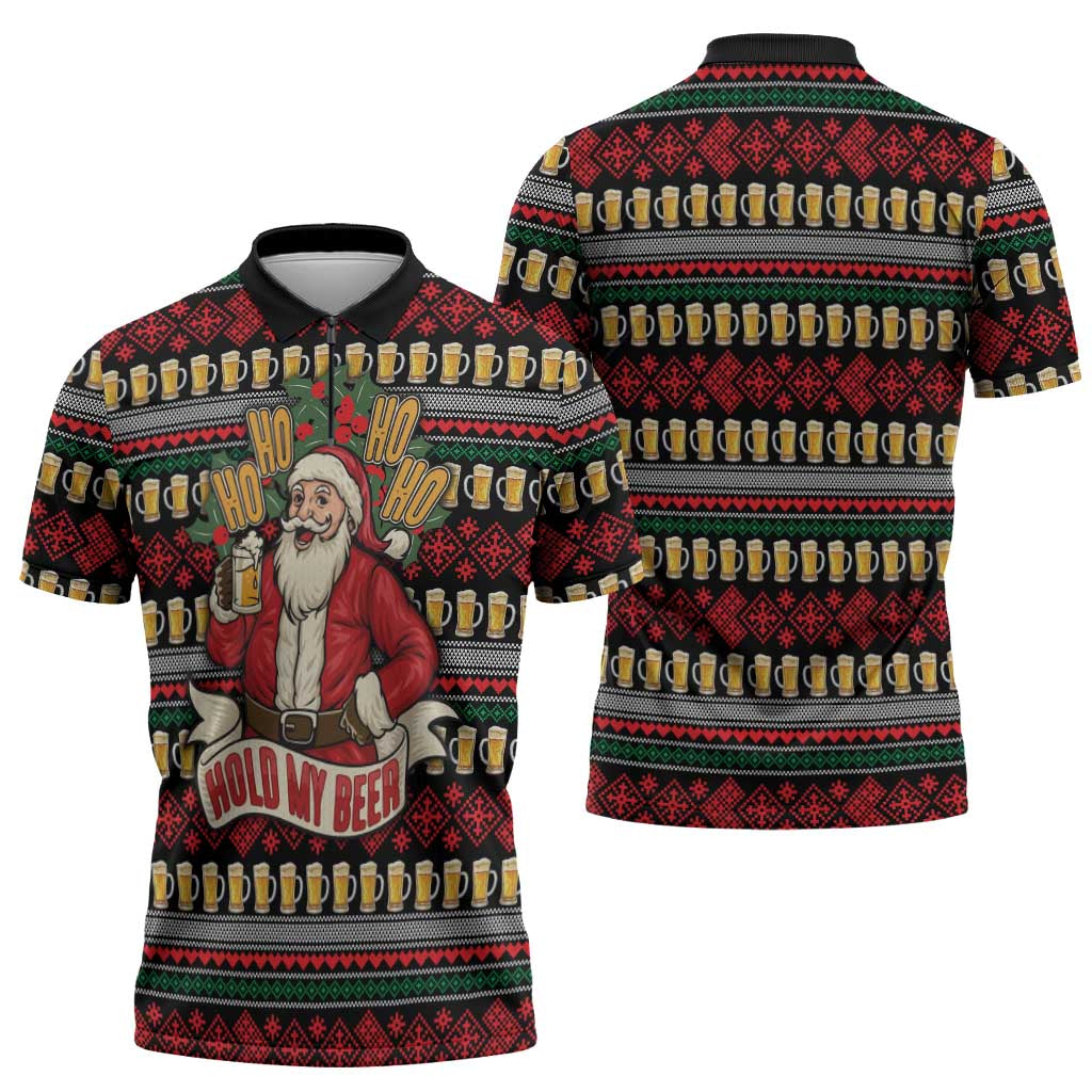 Santa Hold My Beer Christmas Zipper Polo Shirt with Beer Mugs and Holiday Pattern - Wonder Print Shop
