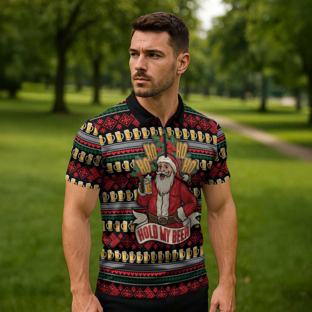 Santa Hold My Beer Christmas Zipper Polo Shirt with Beer Mugs and Holiday Pattern - Wonder Print Shop