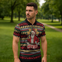Santa Hold My Beer Christmas Zipper Polo Shirt with Beer Mugs and Holiday Pattern - Wonder Print Shop