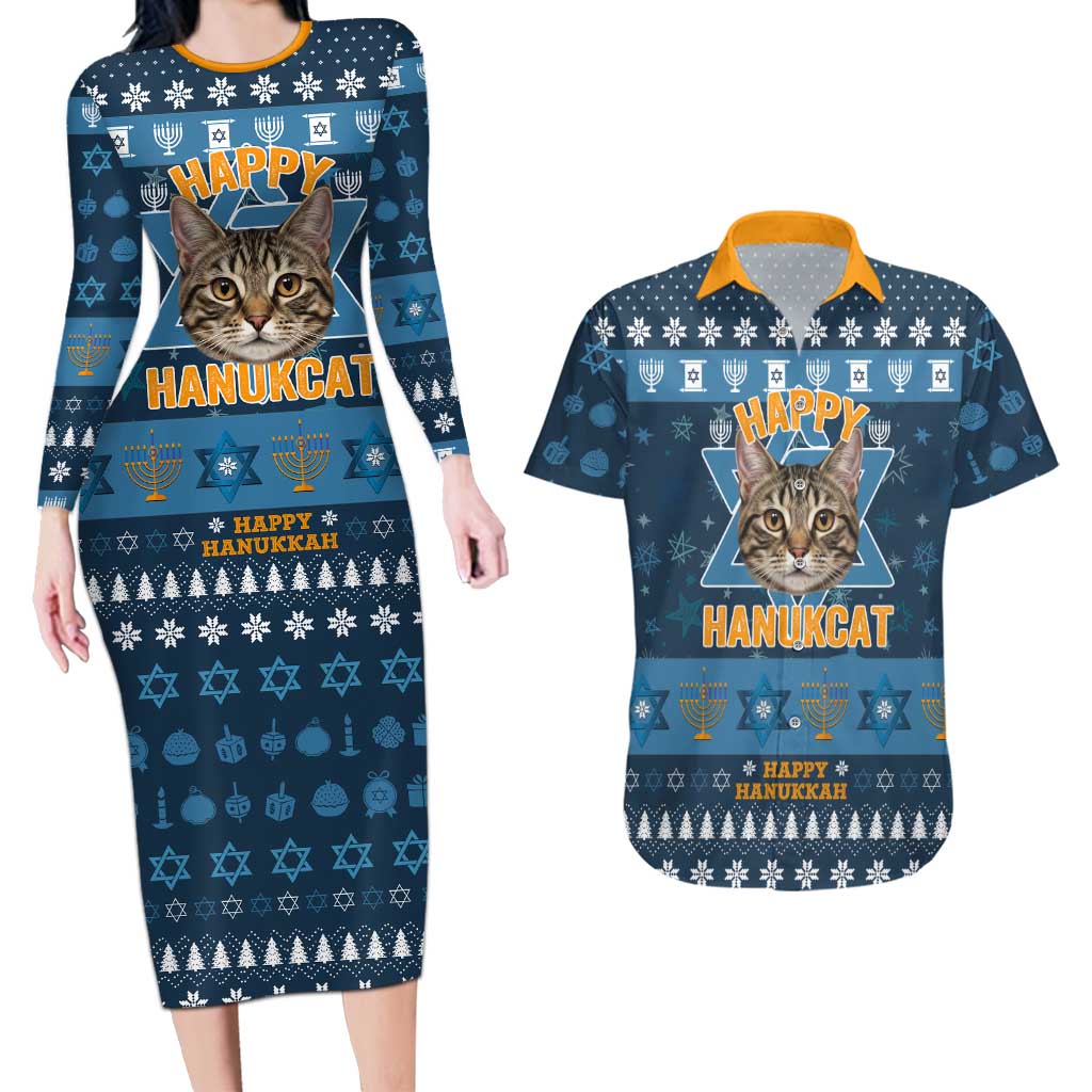 Happy Hanukcat Christmas Design Couples Matching Long Sleeve Bodycon Dress and Hawaiian Shirt Xmas Holiday Patterns - Wonder Print Shop