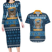 Happy Hanukcat Christmas Design Couples Matching Long Sleeve Bodycon Dress and Hawaiian Shirt Xmas Holiday Patterns - Wonder Print Shop
