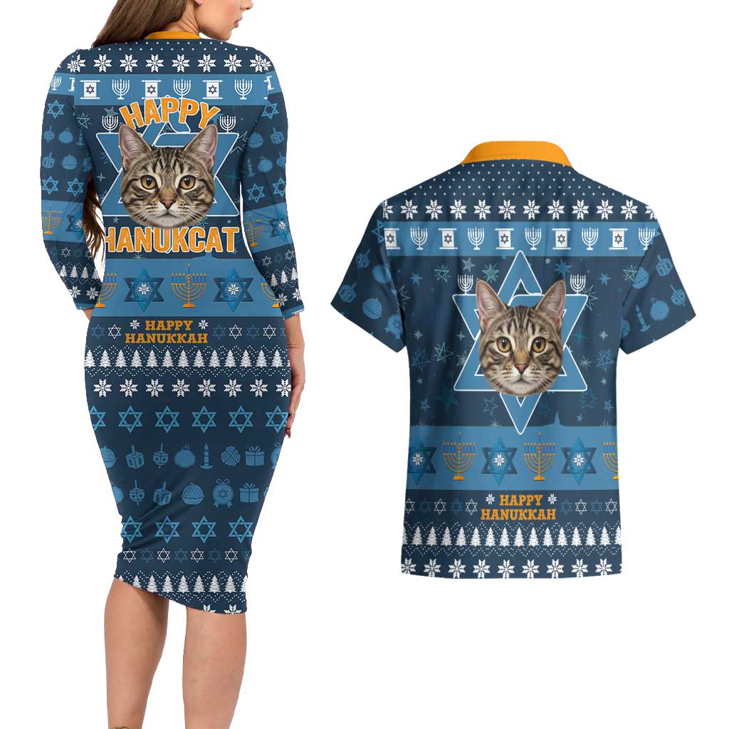 Happy Hanukcat Christmas Design Couples Matching Long Sleeve Bodycon Dress and Hawaiian Shirt Xmas Holiday Patterns - Wonder Print Shop
