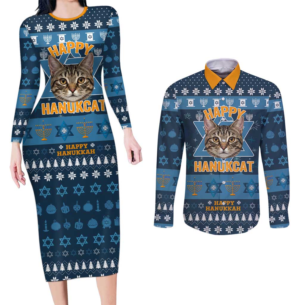 Happy Hanukcat Christmas Design Couples Matching Long Sleeve Bodycon Dress and Long Sleeve Button Shirt Xmas Holiday Patterns - Wonder Print Shop
