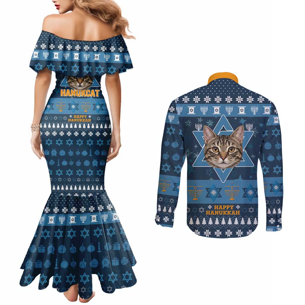 Happy Hanukcat Christmas Design Couples Matching Mermaid Dress and Long Sleeve Button Shirt Xmas Holiday Patterns - Wonder Print Shop