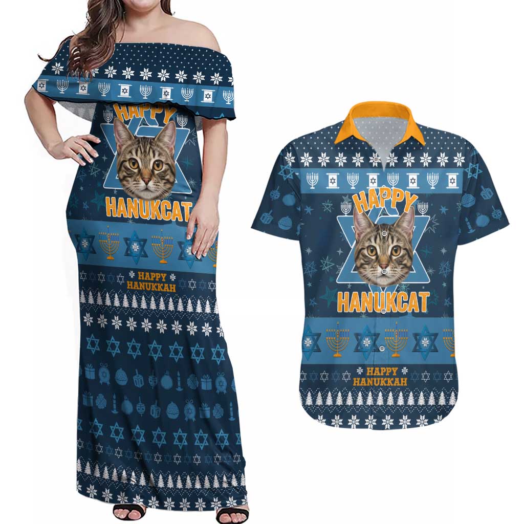 Happy Hanukcat Christmas Design Couples Matching Off Shoulder Maxi Dress and Hawaiian Shirt Xmas Holiday Patterns - Wonder Print Shop