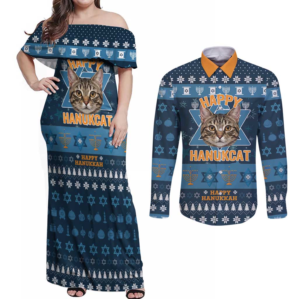 Happy Hanukcat Christmas Design Couples Matching Off Shoulder Maxi Dress and Long Sleeve Button Shirt Xmas Holiday Patterns - Wonder Print Shop
