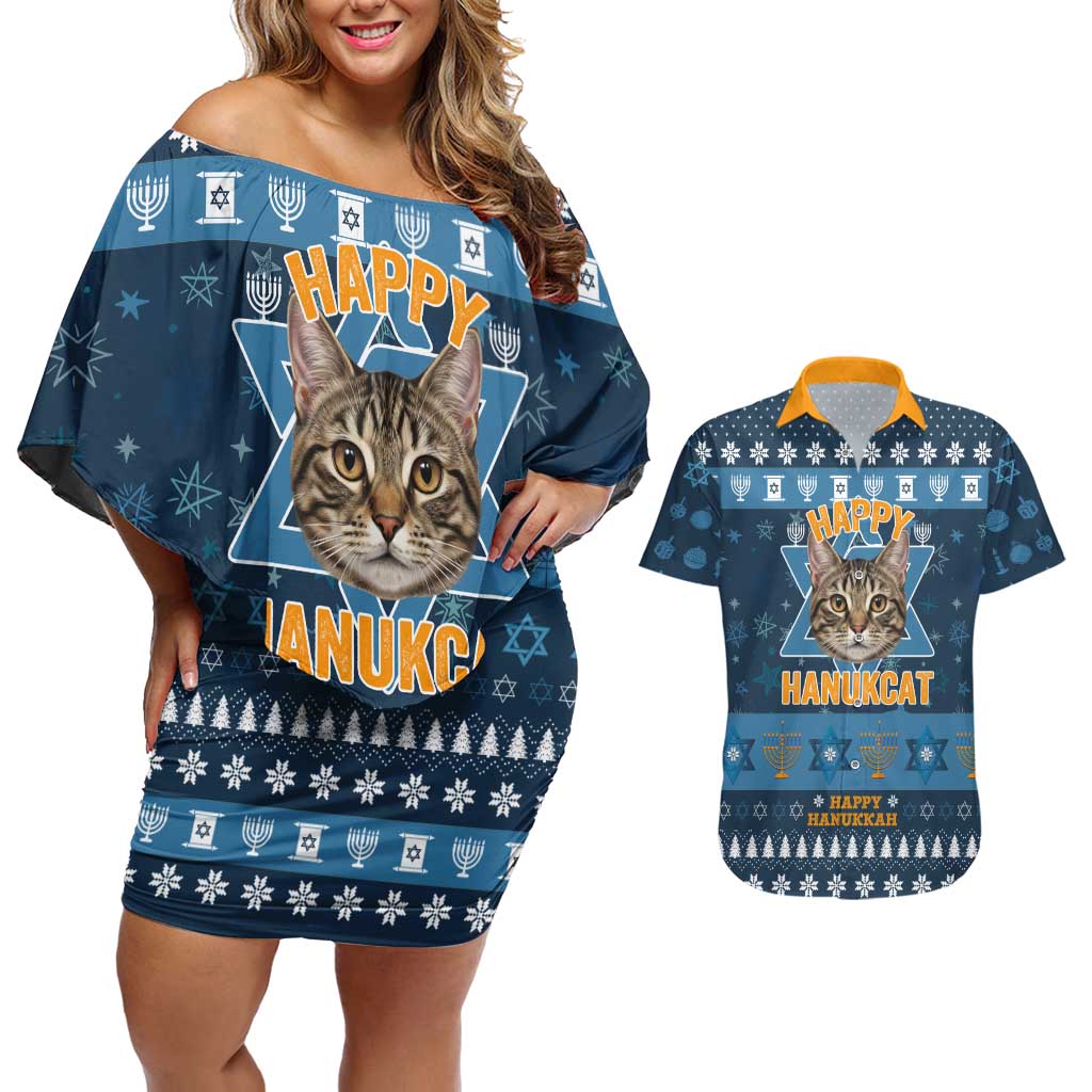 Happy Hanukcat Christmas Design Couples Matching Off Shoulder Short Dress and Hawaiian Shirt Xmas Holiday Patterns - Wonder Print Shop
