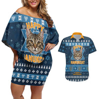 Happy Hanukcat Christmas Design Couples Matching Off Shoulder Short Dress and Hawaiian Shirt Xmas Holiday Patterns - Wonder Print Shop