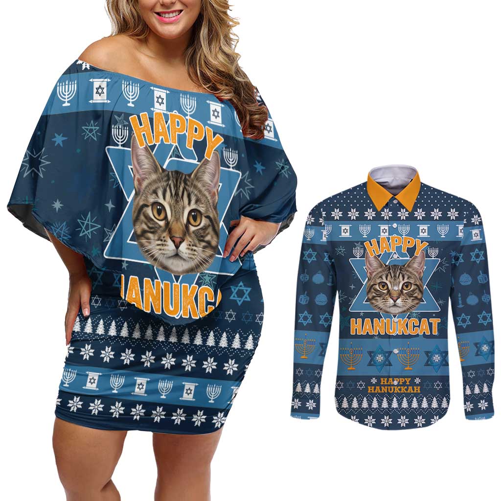 Happy Hanukcat Christmas Design Couples Matching Off Shoulder Short Dress and Long Sleeve Button Shirt Xmas Holiday Patterns - Wonder Print Shop