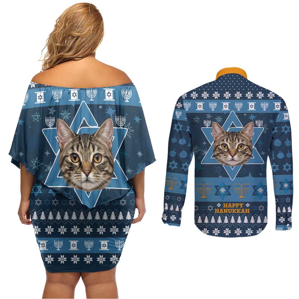 Happy Hanukcat Christmas Design Couples Matching Off Shoulder Short Dress and Long Sleeve Button Shirt Xmas Holiday Patterns - Wonder Print Shop
