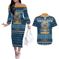 Happy Hanukcat Christmas Design Couples Matching Off The Shoulder Long Sleeve Dress and Hawaiian Shirt Xmas Holiday Patterns - Wonder Print Shop