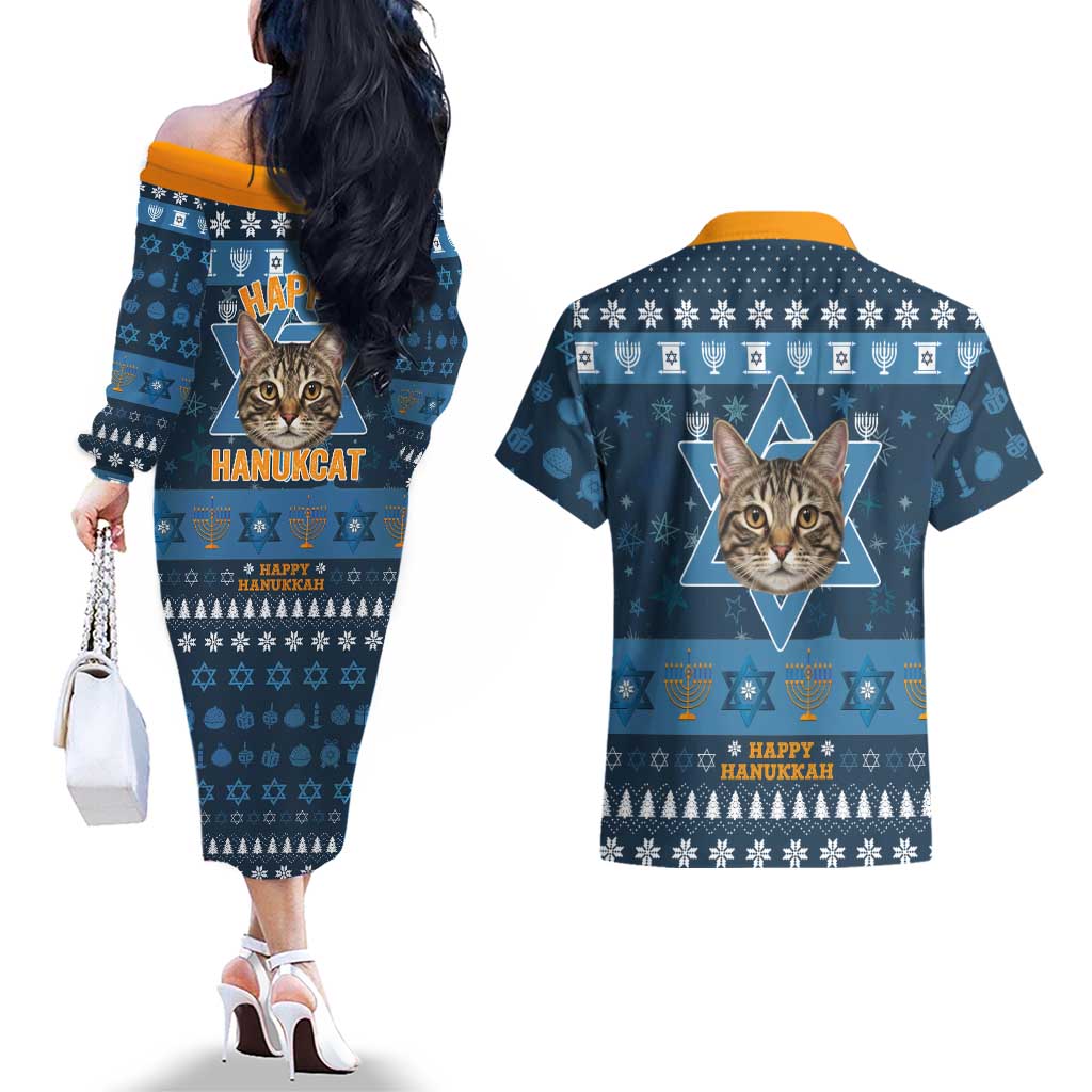 Happy Hanukcat Christmas Design Couples Matching Off The Shoulder Long Sleeve Dress and Hawaiian Shirt Xmas Holiday Patterns - Wonder Print Shop