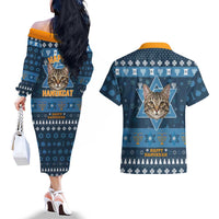 Happy Hanukcat Christmas Design Couples Matching Off The Shoulder Long Sleeve Dress and Hawaiian Shirt Xmas Holiday Patterns - Wonder Print Shop