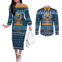 Happy Hanukcat Christmas Design Couples Matching Off The Shoulder Long Sleeve Dress and Long Sleeve Button Shirt Xmas Holiday Patterns - Wonder Print Shop