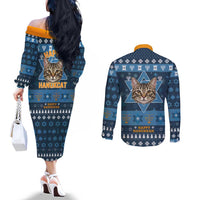 Happy Hanukcat Christmas Design Couples Matching Off The Shoulder Long Sleeve Dress and Long Sleeve Button Shirt Xmas Holiday Patterns - Wonder Print Shop