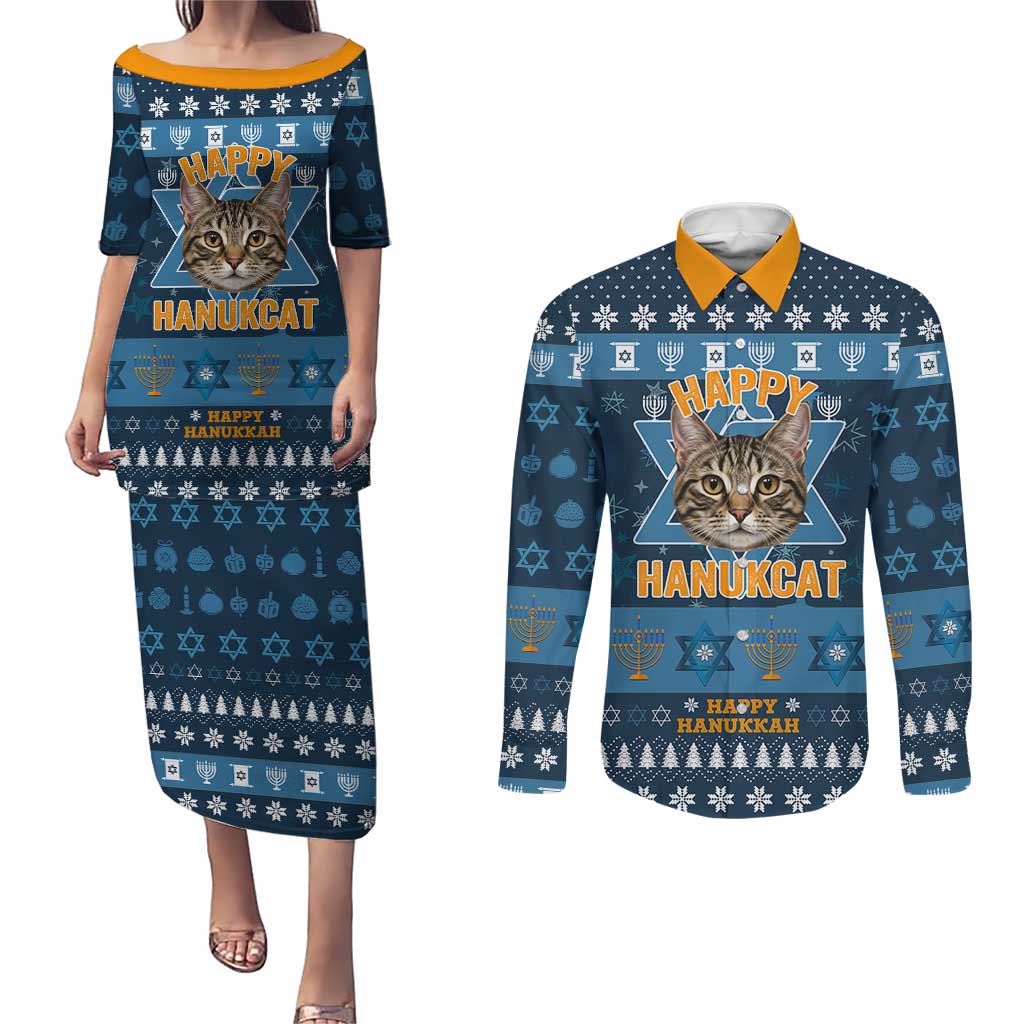 Happy Hanukcat Christmas Design Couples Matching Puletasi and Long Sleeve Button Shirt Xmas Holiday Patterns - Wonder Print Shop