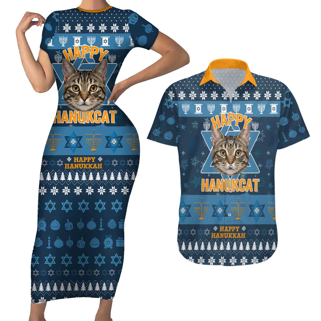 Happy Hanukcat Christmas Design Couples Matching Short Sleeve Bodycon Dress and Hawaiian Shirt Xmas Holiday Patterns - Wonder Print Shop