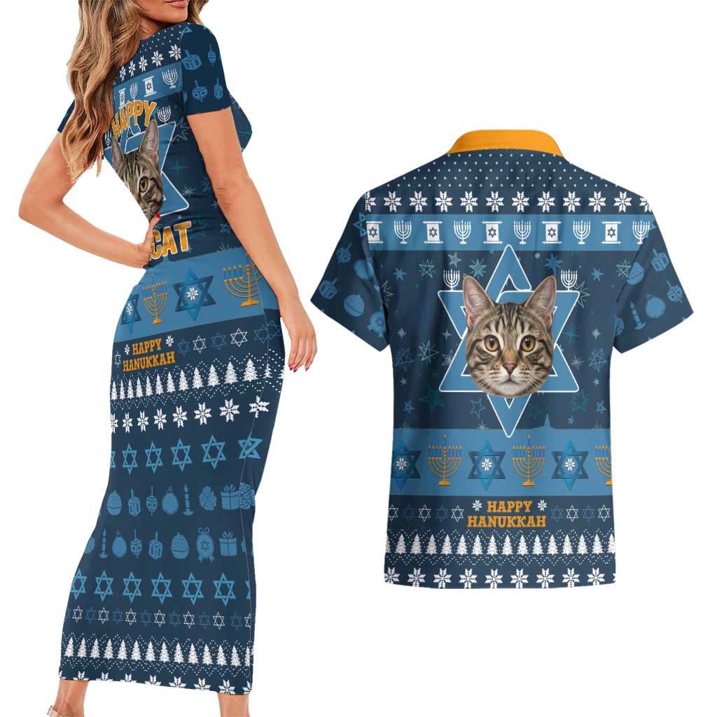 Happy Hanukcat Christmas Design Couples Matching Short Sleeve Bodycon Dress and Hawaiian Shirt Xmas Holiday Patterns - Wonder Print Shop