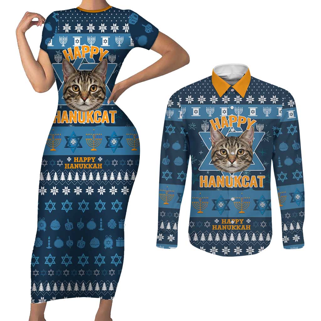 Happy Hanukcat Christmas Design Couples Matching Short Sleeve Bodycon Dress and Long Sleeve Button Shirt Xmas Holiday Patterns - Wonder Print Shop