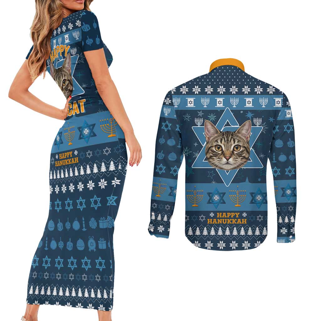 Happy Hanukcat Christmas Design Couples Matching Short Sleeve Bodycon Dress and Long Sleeve Button Shirt Xmas Holiday Patterns - Wonder Print Shop