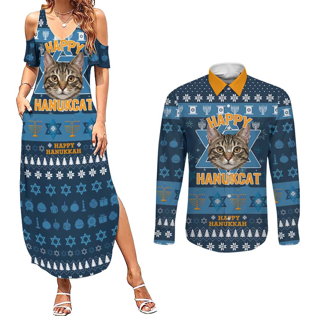 Happy Hanukcat Christmas Design Couples Matching Summer Maxi Dress and Long Sleeve Button Shirt Xmas Holiday Patterns - Wonder Print Shop