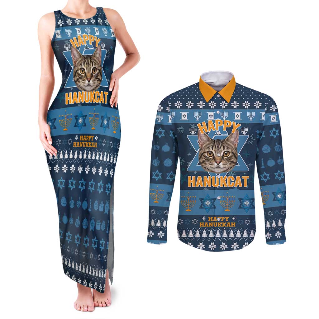 Happy Hanukcat Christmas Design Couples Matching Tank Maxi Dress and Long Sleeve Button Shirt Xmas Holiday Patterns - Wonder Print Shop