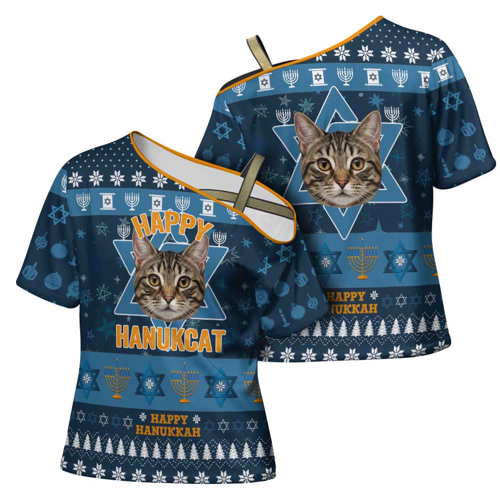 Happy Hanukcat Christmas Design Cross Shoulder Shirt Xmas Holiday Patterns - Wonder Print Shop