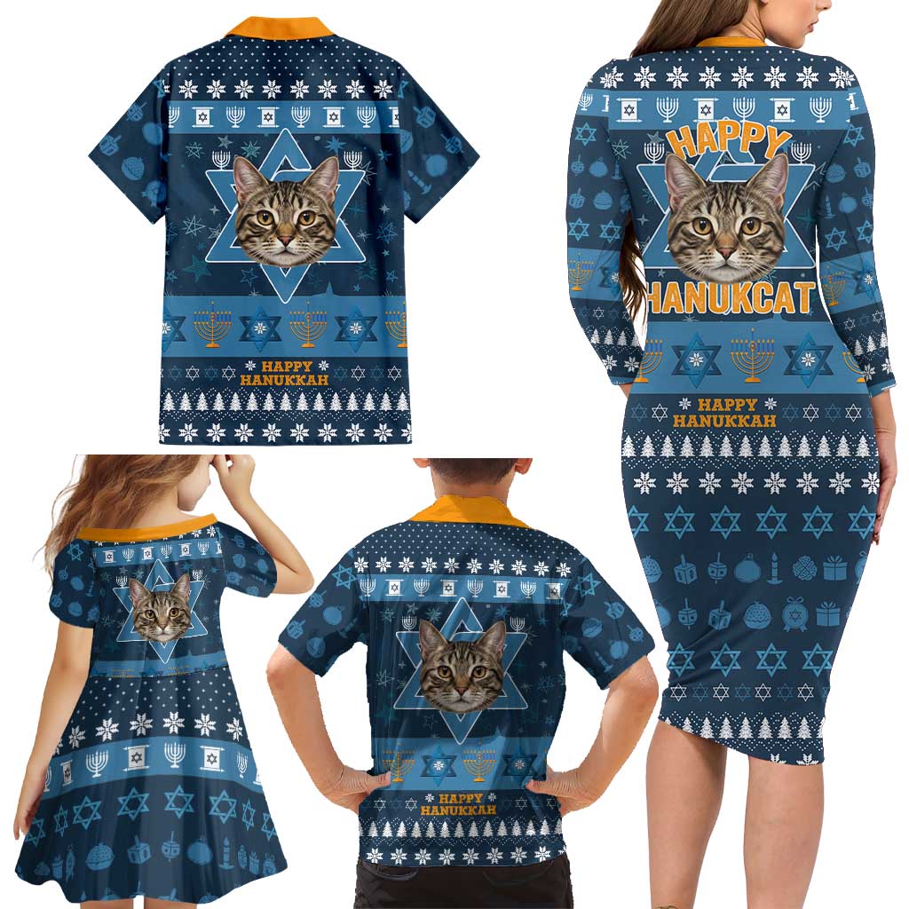 Happy Hanukcat Christmas Design Family Matching Long Sleeve Bodycon Dress and Hawaiian Shirt Xmas Holiday Patterns - Wonder Print Shop