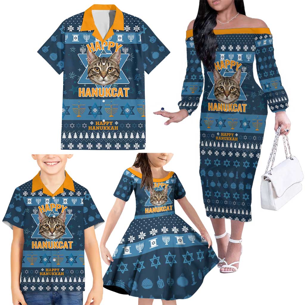 Happy Hanukcat Christmas Design Family Matching Off The Shoulder Long Sleeve Dress and Hawaiian Shirt Xmas Holiday Patterns - Wonder Print Shop