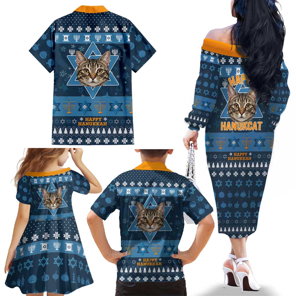 Happy Hanukcat Christmas Design Family Matching Off The Shoulder Long Sleeve Dress and Hawaiian Shirt Xmas Holiday Patterns - Wonder Print Shop
