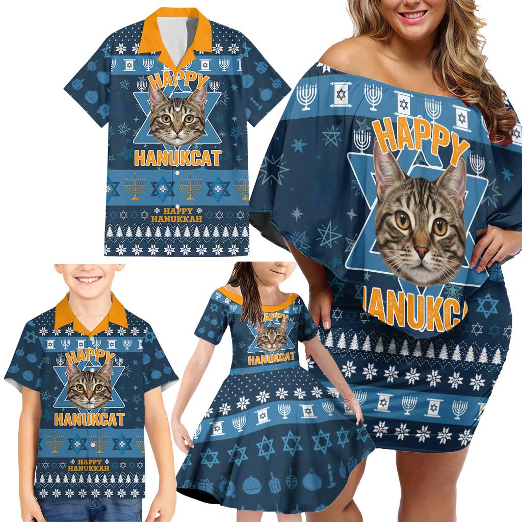 Happy Hanukcat Christmas Design Family Matching Off Shoulder Short Dress and Hawaiian Shirt Xmas Holiday Patterns - Wonder Print Shop