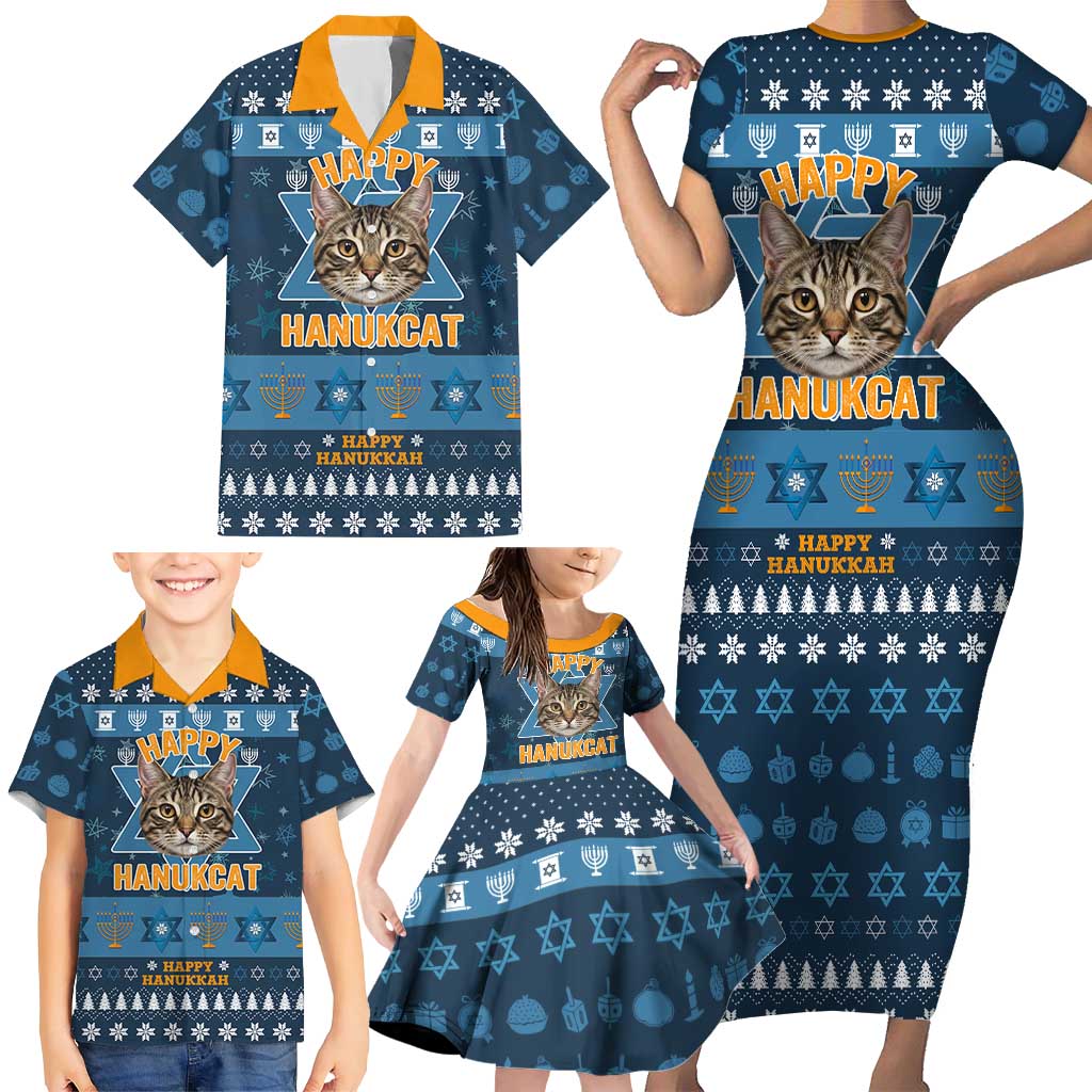 Happy Hanukcat Christmas Design Family Matching Short Sleeve Bodycon Dress and Hawaiian Shirt Xmas Holiday Patterns - Wonder Print Shop