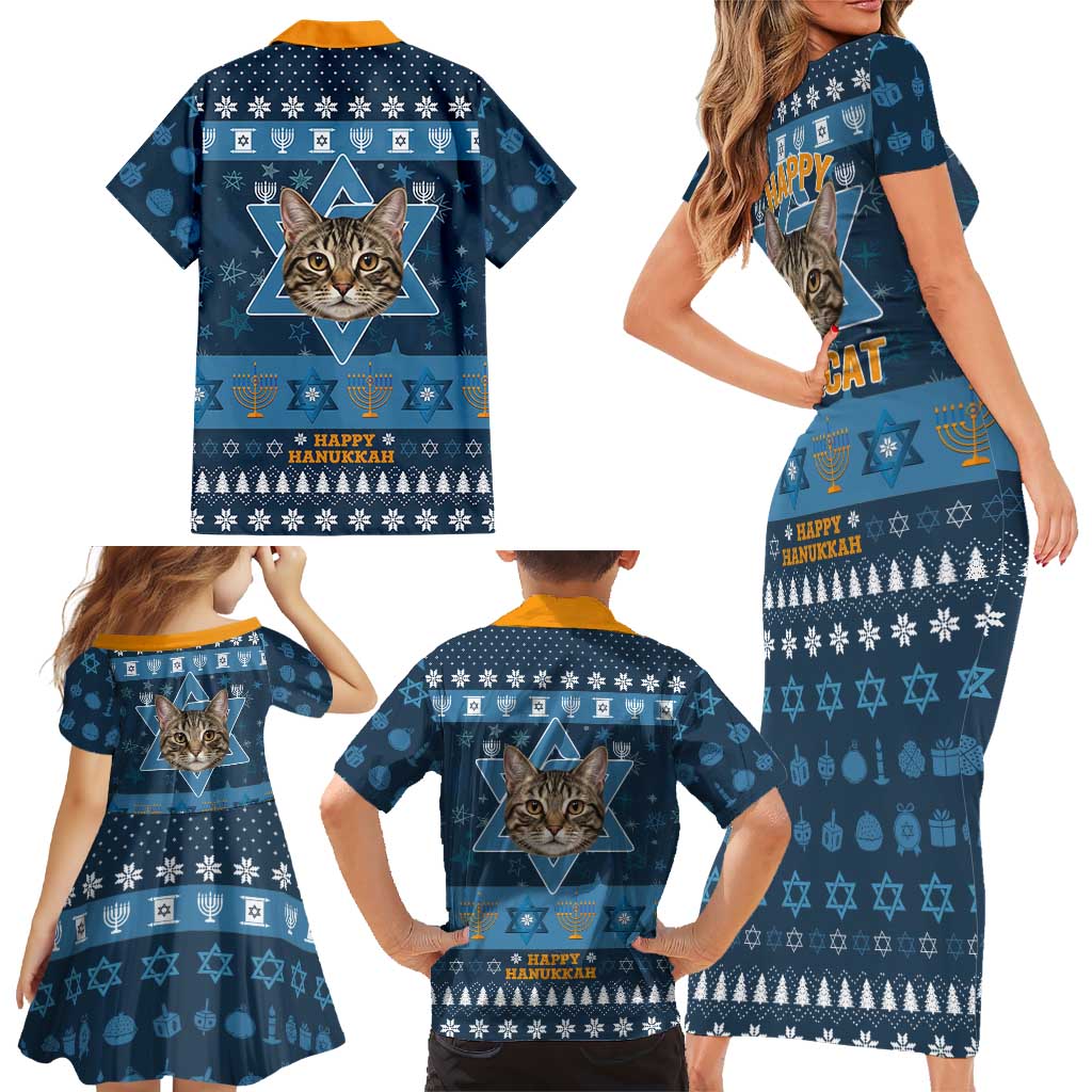 Happy Hanukcat Christmas Design Family Matching Short Sleeve Bodycon Dress and Hawaiian Shirt Xmas Holiday Patterns - Wonder Print Shop