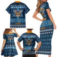 Happy Hanukcat Christmas Design Family Matching Short Sleeve Bodycon Dress and Hawaiian Shirt Xmas Holiday Patterns - Wonder Print Shop