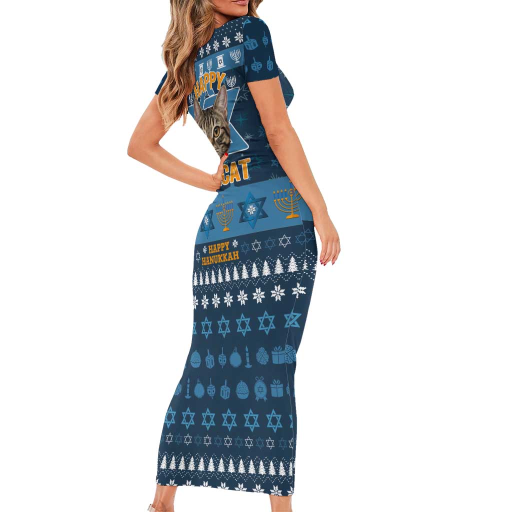 Happy Hanukcat Christmas Design Family Matching Short Sleeve Bodycon Dress and Hawaiian Shirt Xmas Holiday Patterns - Wonder Print Shop