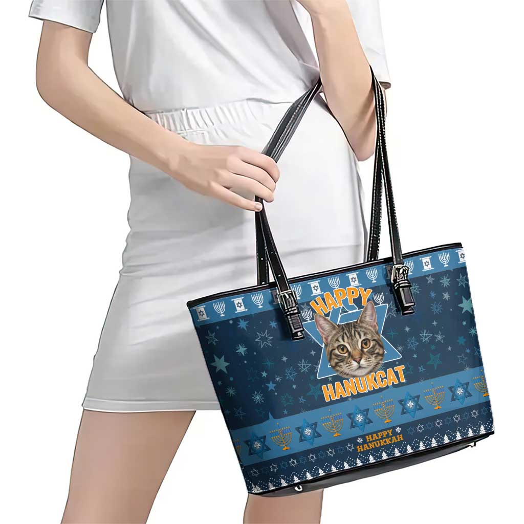 Happy Hanukcat Christmas Design Leather Tote Bag Xmas Holiday Patterns - Wonder Print Shop