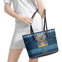 Happy Hanukcat Christmas Design Leather Tote Bag Xmas Holiday Patterns - Wonder Print Shop