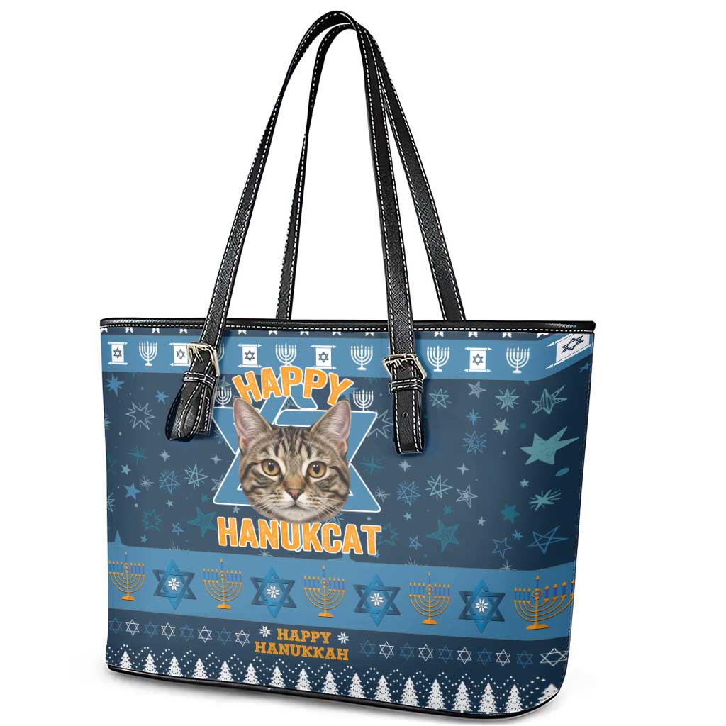 Happy Hanukcat Christmas Design Leather Tote Bag Xmas Holiday Patterns - Wonder Print Shop