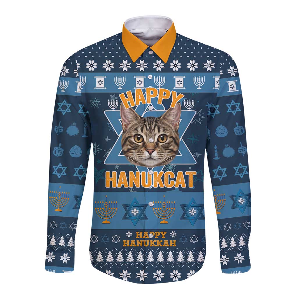 Happy Hanukcat Christmas Design Long Sleeve Button Shirt Xmas Holiday Patterns - Wonder Print Shop