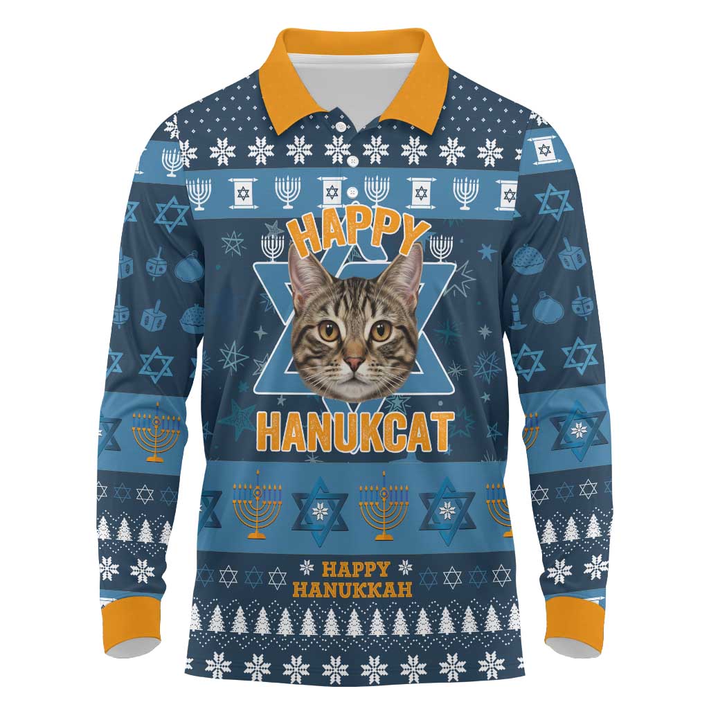 Happy Hanukcat Christmas Design Long Sleeve Polo Shirt Xmas Holiday Patterns - Wonder Print Shop