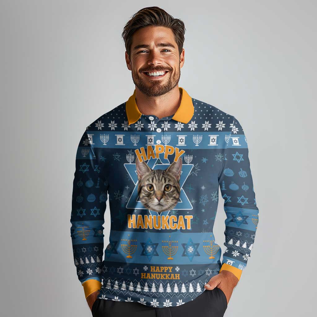 Happy Hanukcat Christmas Design Long Sleeve Polo Shirt Xmas Holiday Patterns - Wonder Print Shop