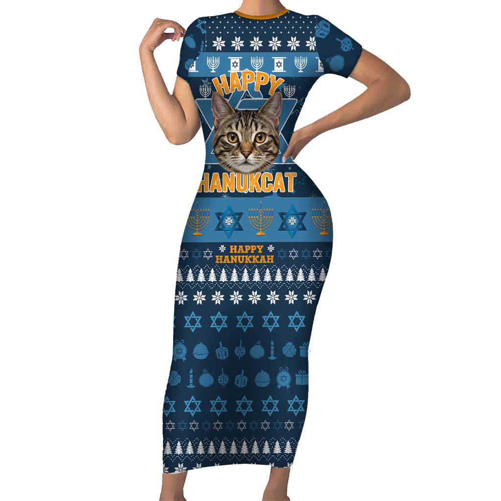 Happy Hanukcat Christmas Design Short Sleeve Bodycon Dress Xmas Holiday Patterns - Wonder Print Shop