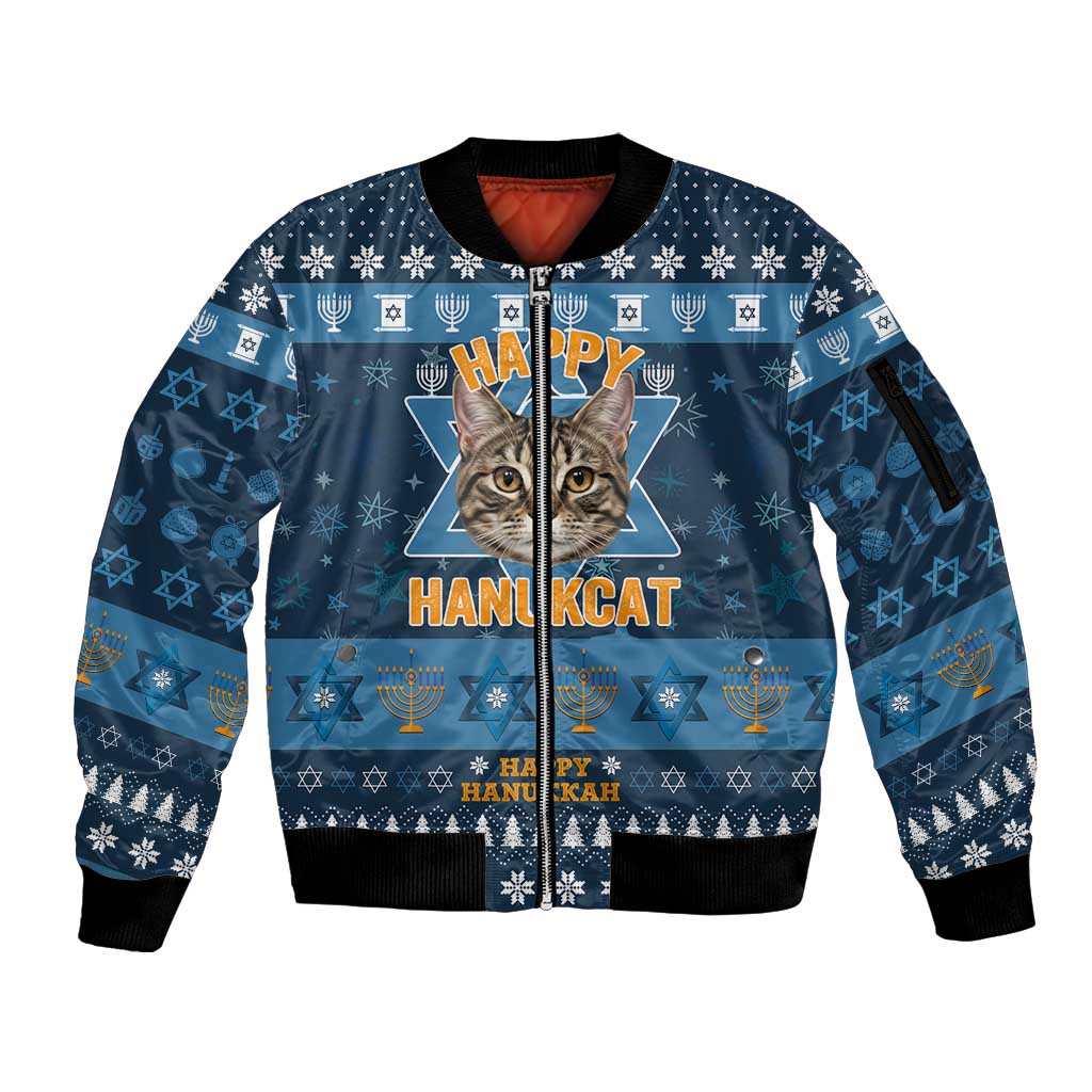 Happy Hanukcat Christmas Design Sleeve Zip Bomber Jacket Xmas Holiday Patterns - Wonder Print Shop